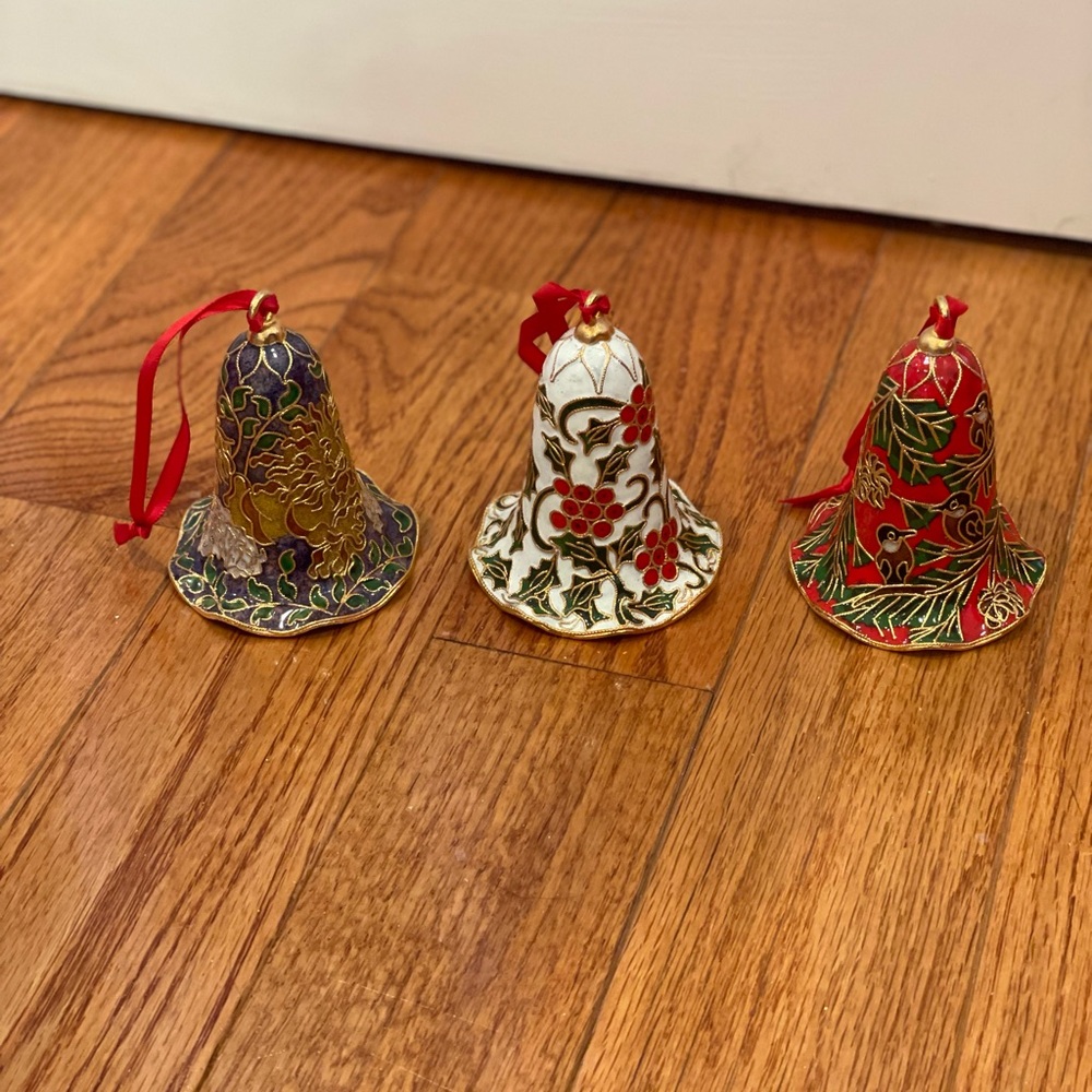 Vintage set of three cloissone bell Christmas ornaments
